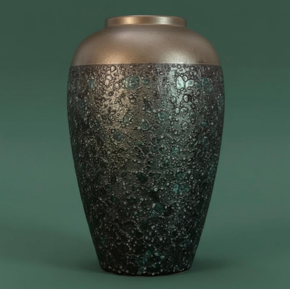 ELEGANT VINTAGE-STYLE BRONZE & TEXTURED GREEN DECORATIVE VASE, APPROX. 11" TALL.